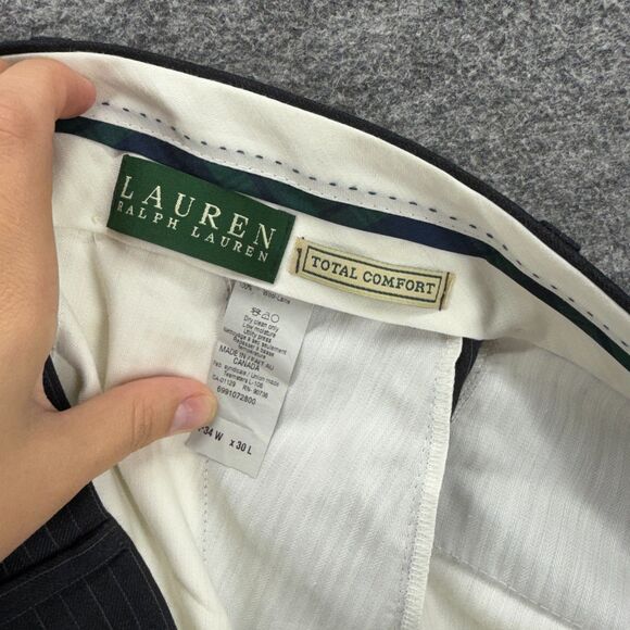 Ralph Lauren Dress Pants Men 36*30 Black Striped Mid Rise Pleated Cuffed Wool - Picture 6 of 7